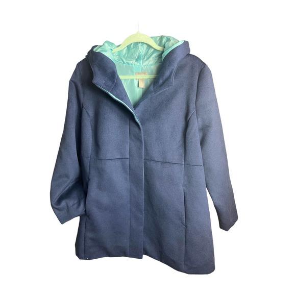 Chico's Hooded Coat, Faux-Wool Winter Mid Jacket | Size 2 (Large) | Navy Blue - Picture 5 of 10